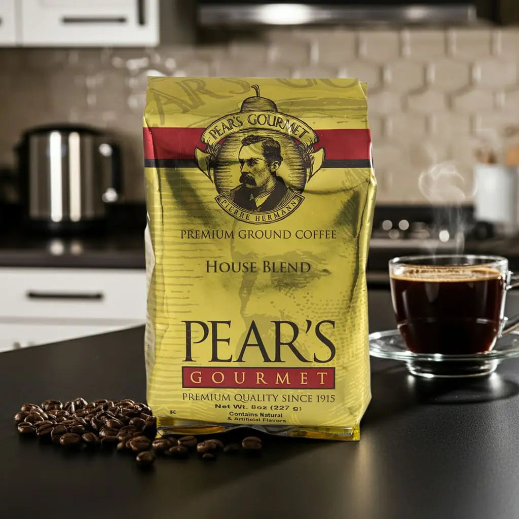 Pear's Gourmet coffee package with a cup of coffee and coffee beans on a kitchen counter.