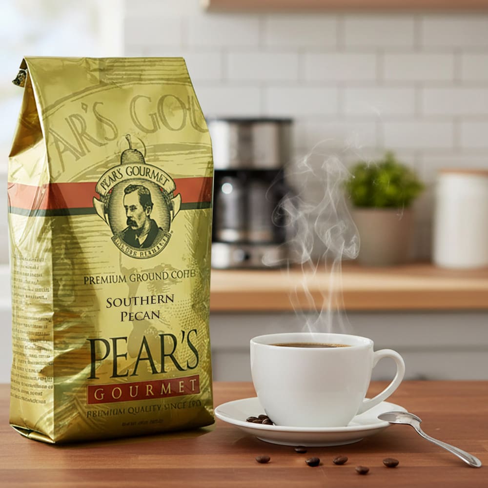 Pear's Gourmet coffee bag with a steaming cup of coffee on a wooden table.