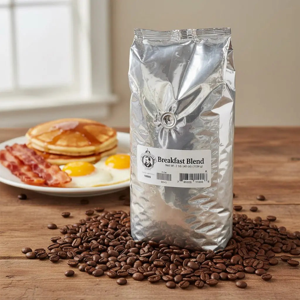 Bag of coffee labeled 'Breakfast Blend' on a table with coffee beans and breakfast items.