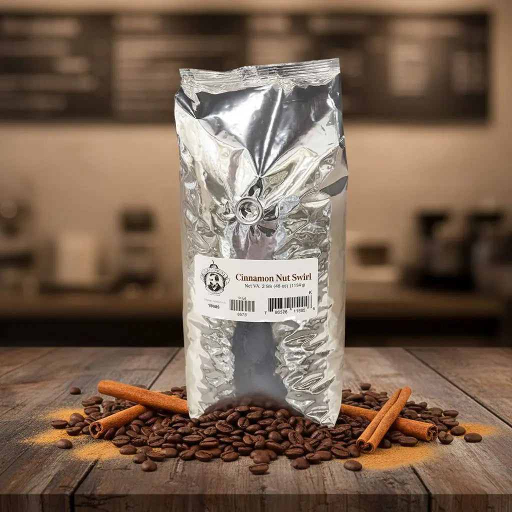 Cinnamon Nut Swirl coffee package with coffee beans and cinnamon sticks on a wooden surface.