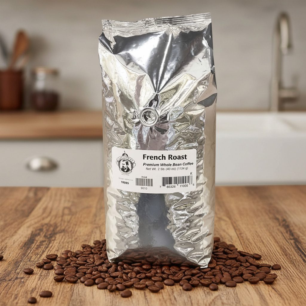 Bag of French Roast coffee beans on a wooden surface with a kitchen background