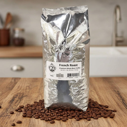 Bag of French Roast coffee beans on a wooden surface with a kitchen background