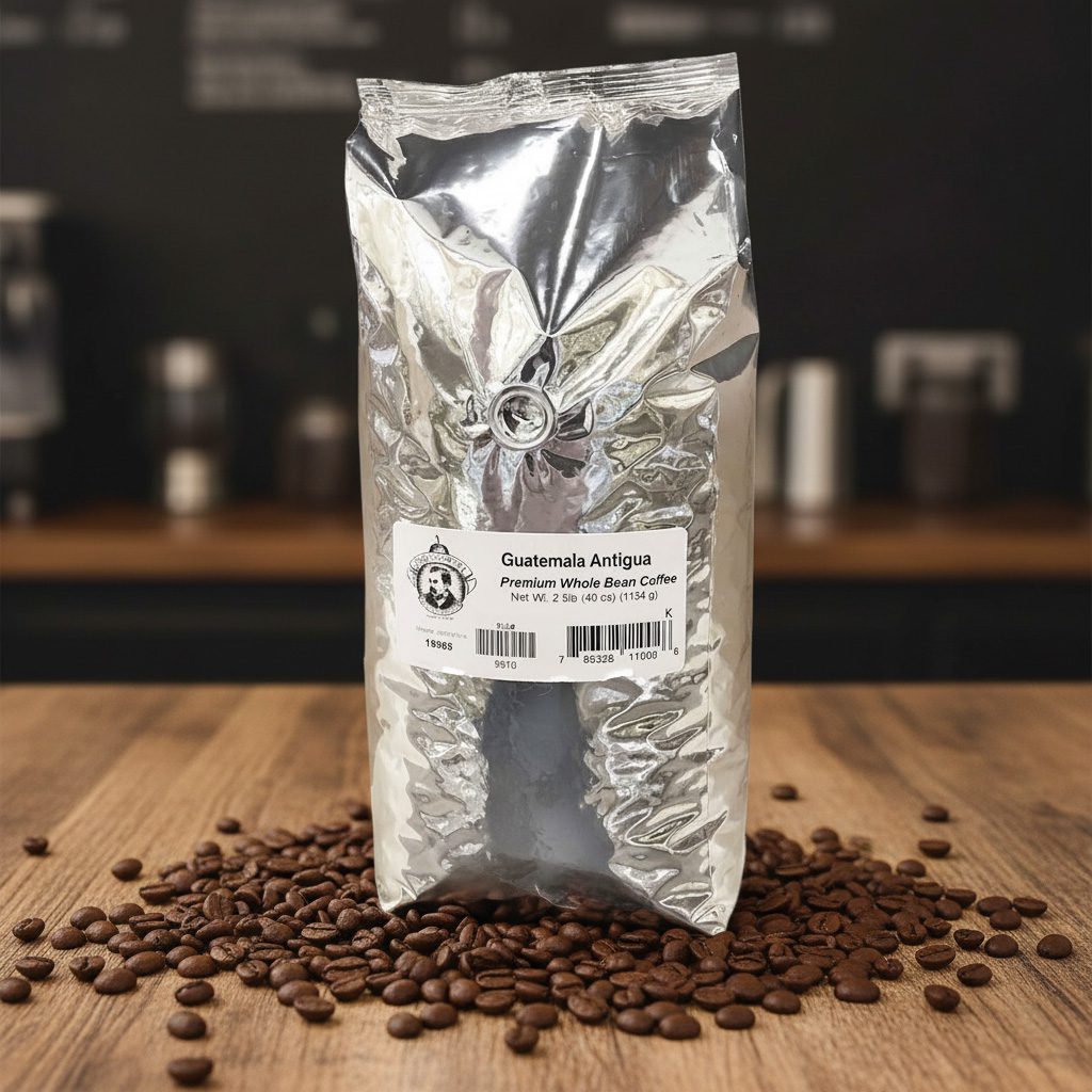 Coffee bag labeled 'Guatemala Antigua' with coffee beans on a wooden surface