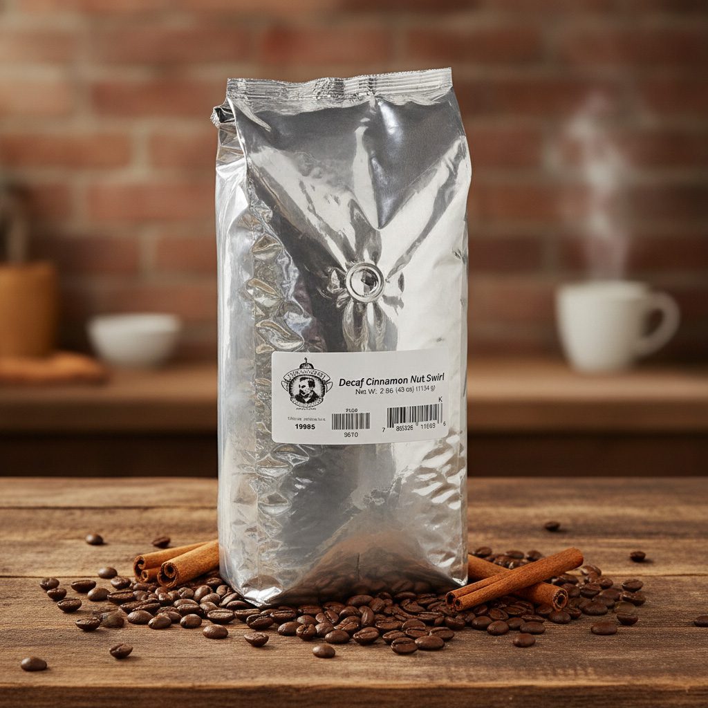 Silver coffee bag with a label on a wooden surface with coffee beans and cinnamon sticks, brick wall background.