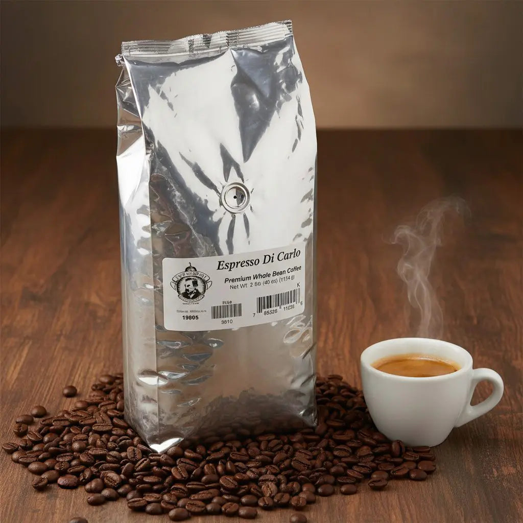 Bag of Espresso Di Carlo coffee beans with a steaming cup on a wooden surface