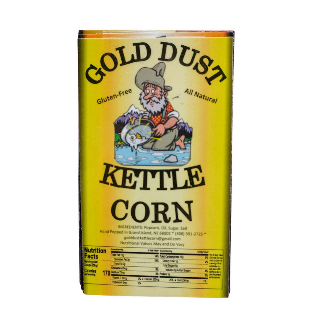 Gold Dust Kettle Corn packaging with a cartoon character on a yellow background