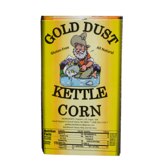 Gold Dust Kettle Corn packaging with a cartoon character on a yellow background