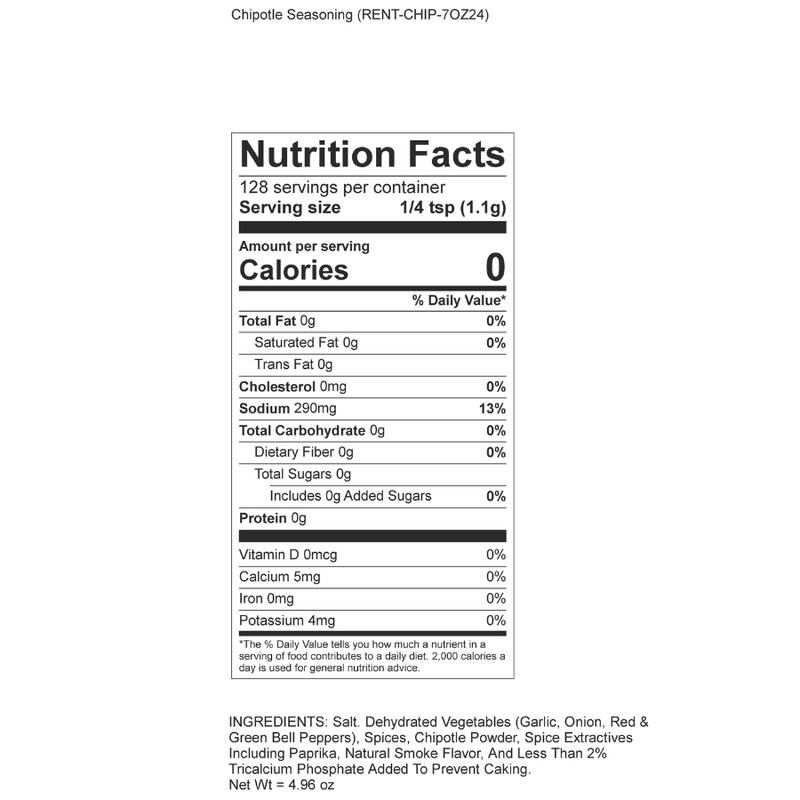 Nutrition Facts For A-Rent-A-Chef Chipotle All Purpose Seasoning