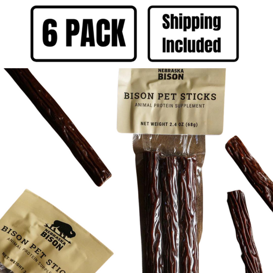 All Natural Bison Pet Sticks | Animal Protein Supplement | 6 Pack | Shipping Included | Improved Energy & Shining Coat | Nebraska Pet Sticks