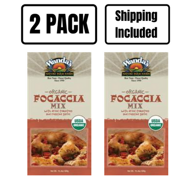 The front of two boxes of Wanda's Organic Focaccia Bread Mix on a white background with 2 pack and shipping included text at top