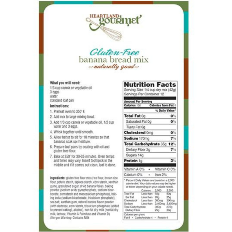 A back angle photo of the Gluten Free Banana Bread Mix box with instructions, nutrition facts, and ingredients listed.