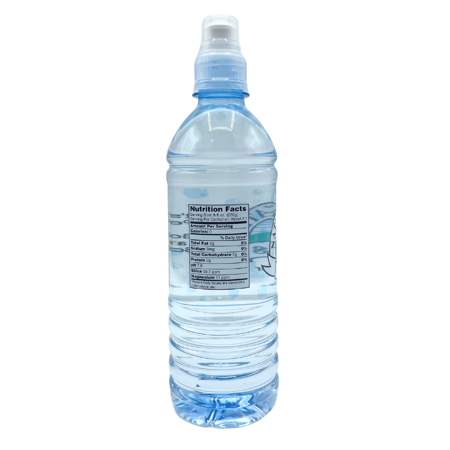 Side angle photo of Sandhills Natural Water Bottle showing the Nutrition Facts