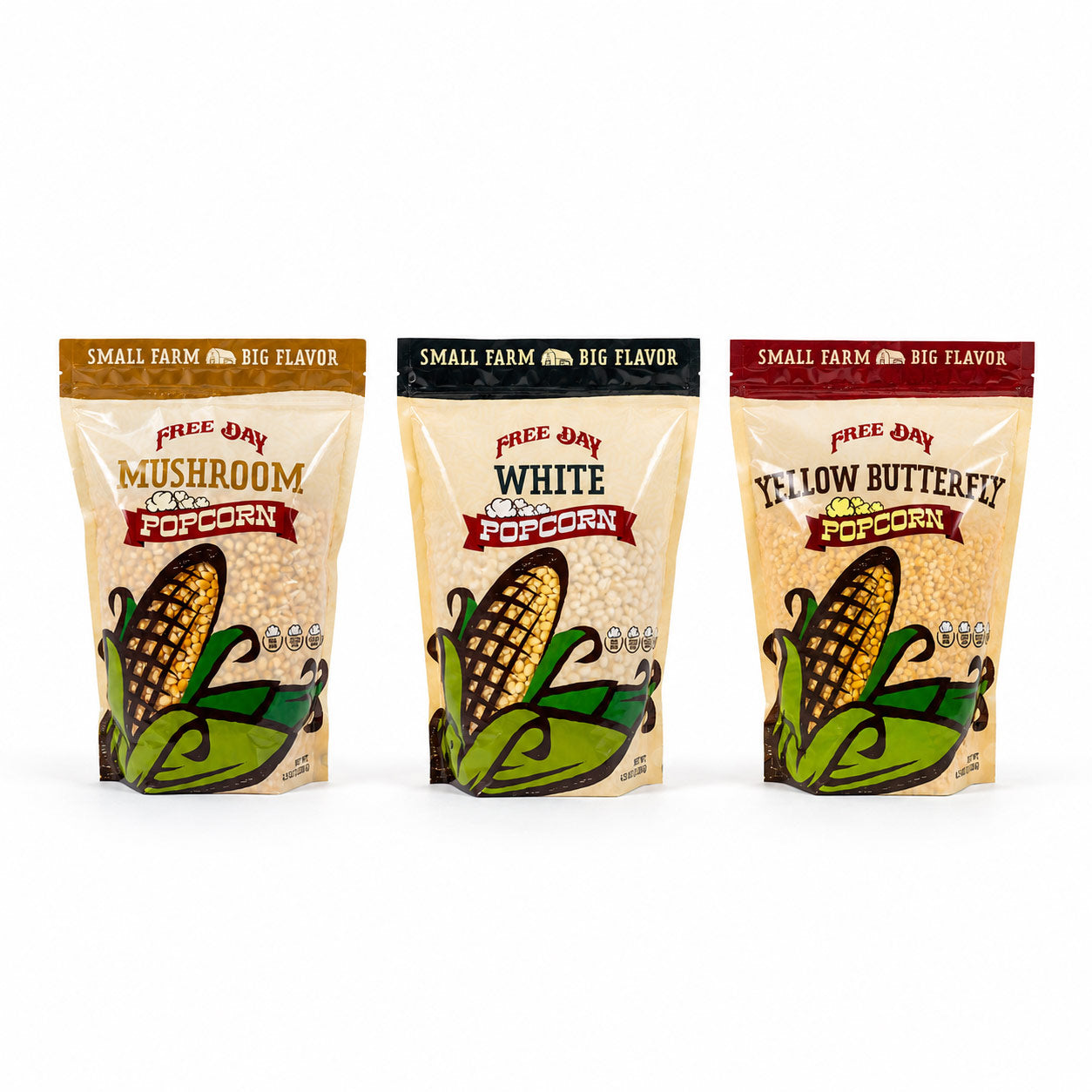 Three packages of Free Day Popcorn with different flavors on a white background