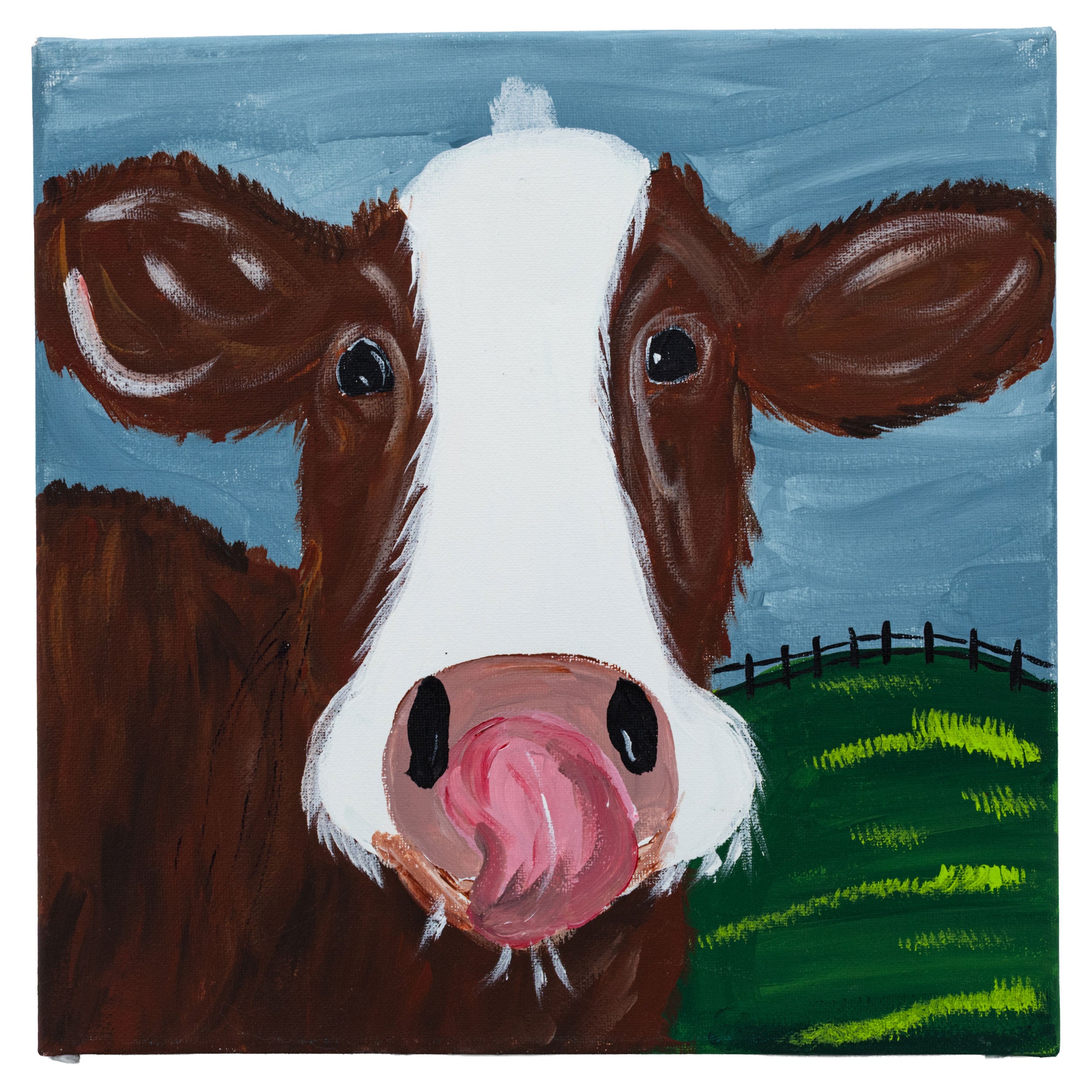 Painting of a cow with a blue sky and green field in the background
