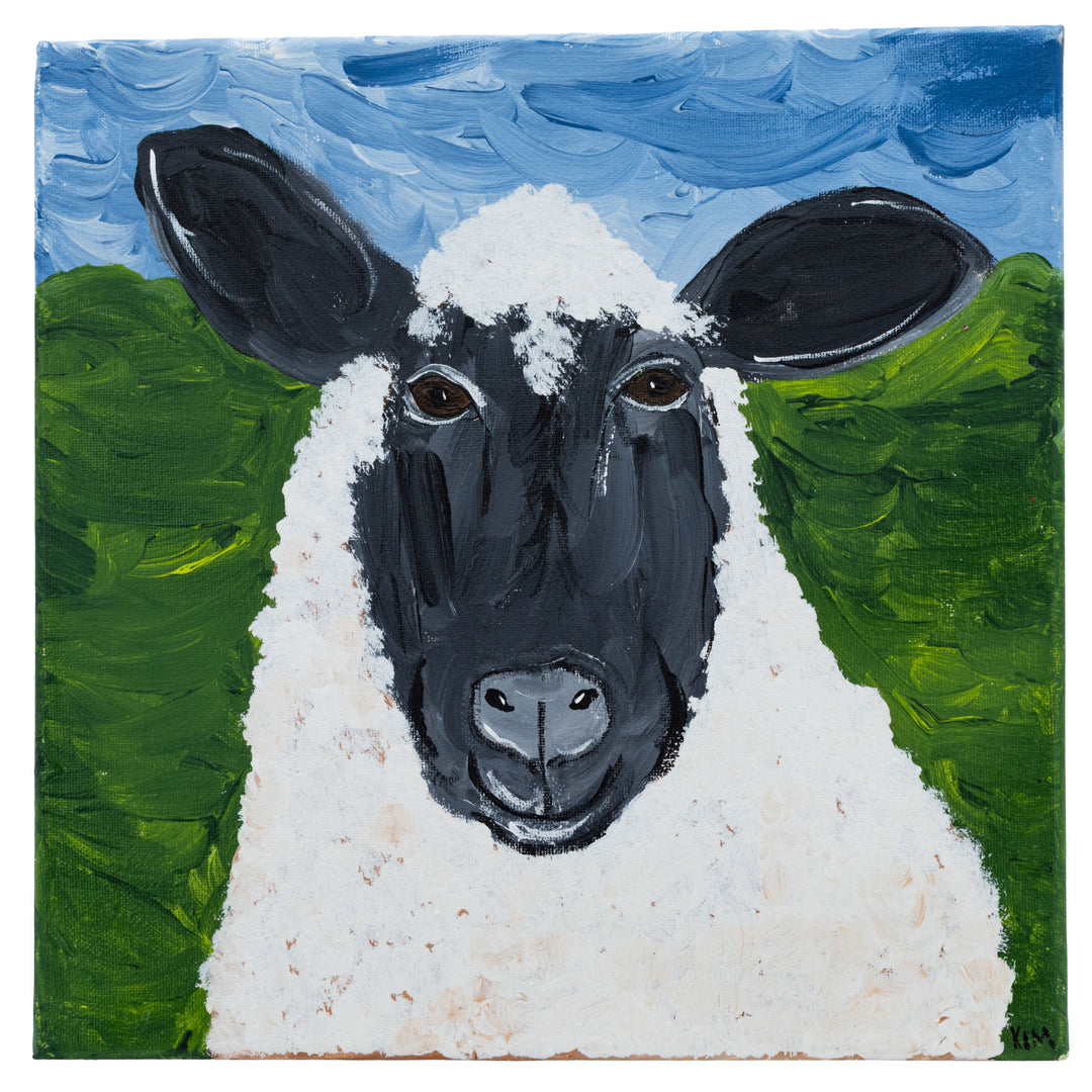 Painting of a sheep with a blue sky and green grass background