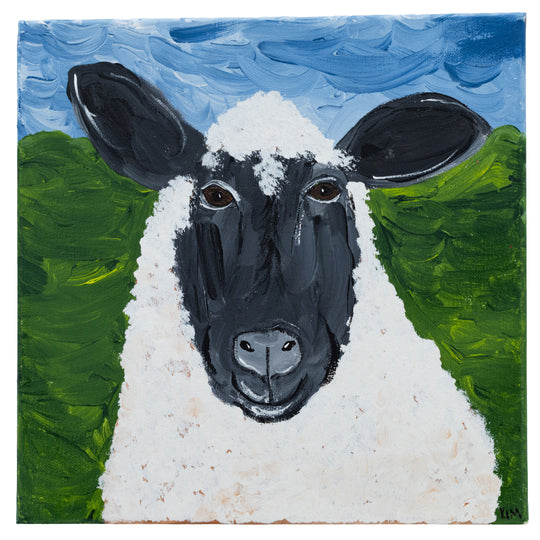 Painting of a sheep with a blue sky and green grass background