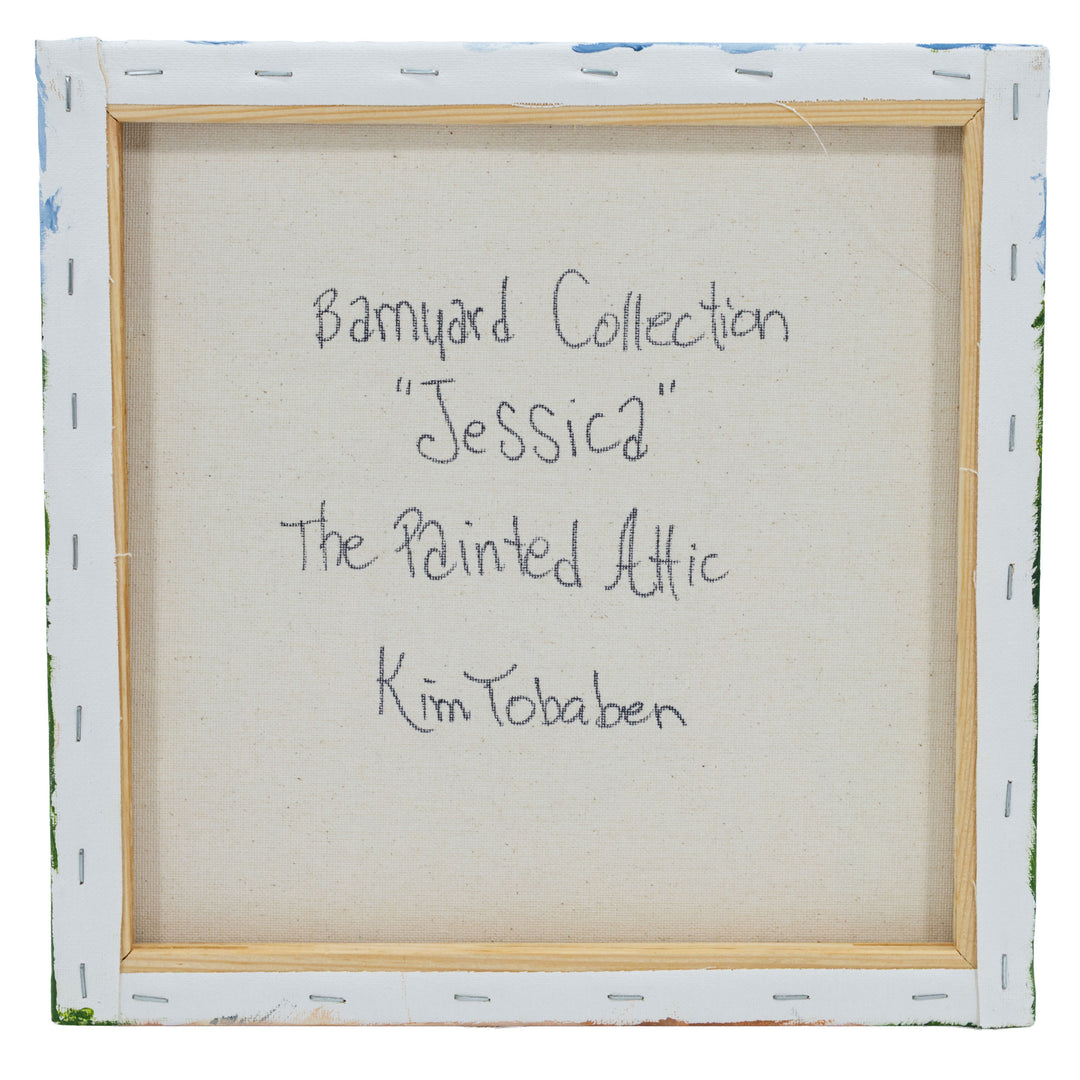 Canvas with text indicating 'Barnyard Collection Jessica The Painted Attic Kim Tobaben' inside a white frame.