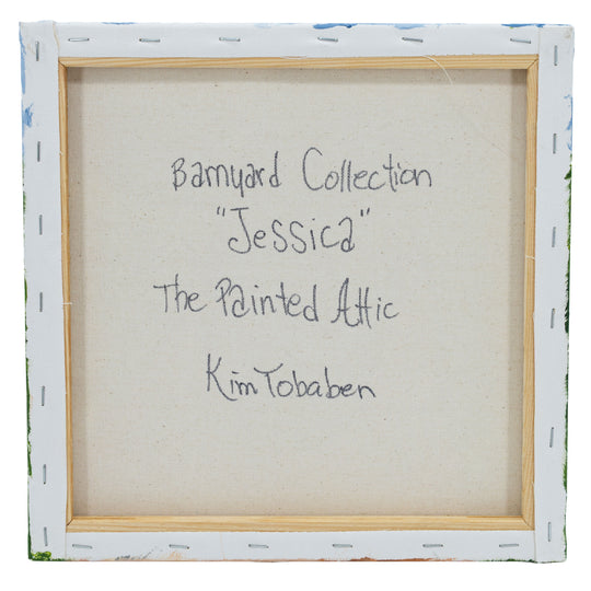 Canvas with text indicating 'Barnyard Collection Jessica The Painted Attic Kim Tobaben' inside a white frame.