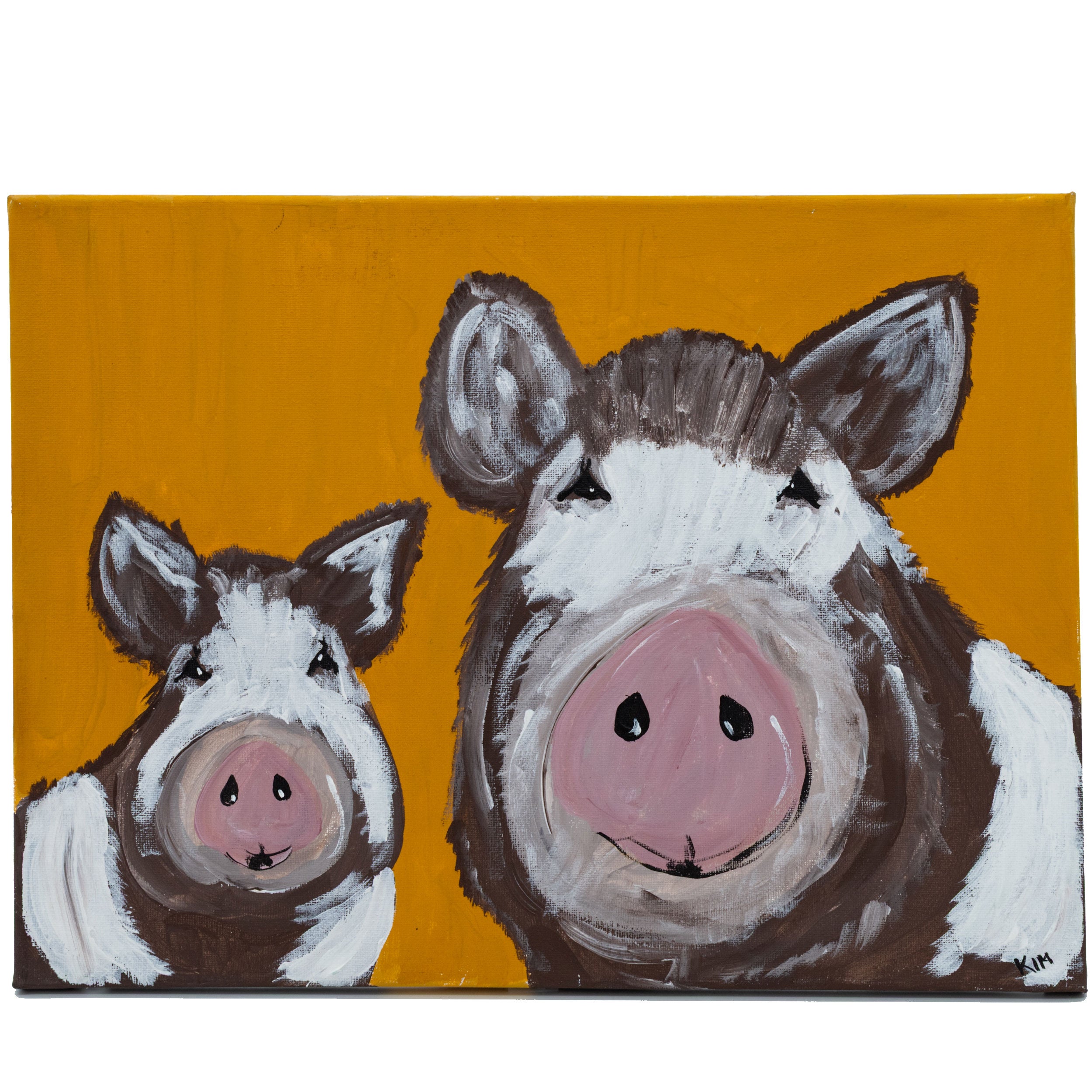Two painted pigs on a mustard yellow background