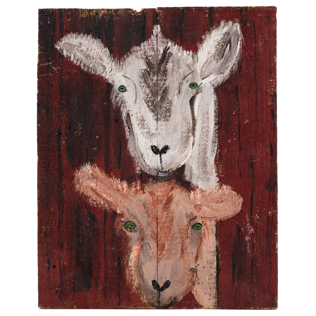Painting of a goat with a red-brown background