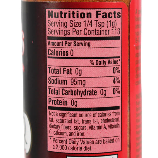 Nutrition facts label on a product container with red and black design.