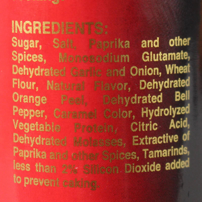 List of ingredients on a red background with yellow text