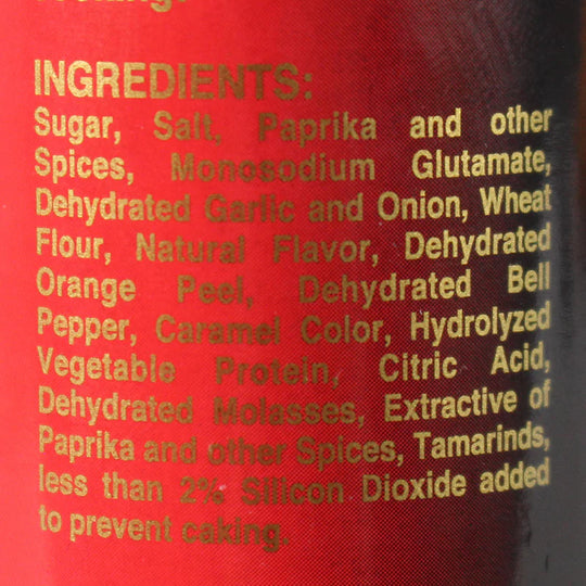 List of ingredients on a red background with yellow text