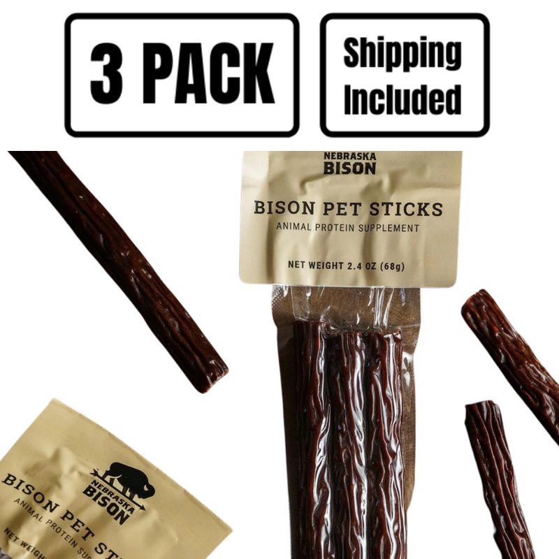 All Natural Bison Pet Sticks | Animal Protein Supplement | Treats for Your Furry Friend | 3 Pack | Shipping Included