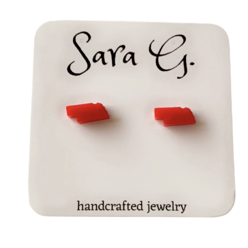 Nebraska Stud Earring | Red Acrylic Stud Earring | Lightweight Earring | Classy & Simple Earring | Handmade Jewelry | Sterling Silver