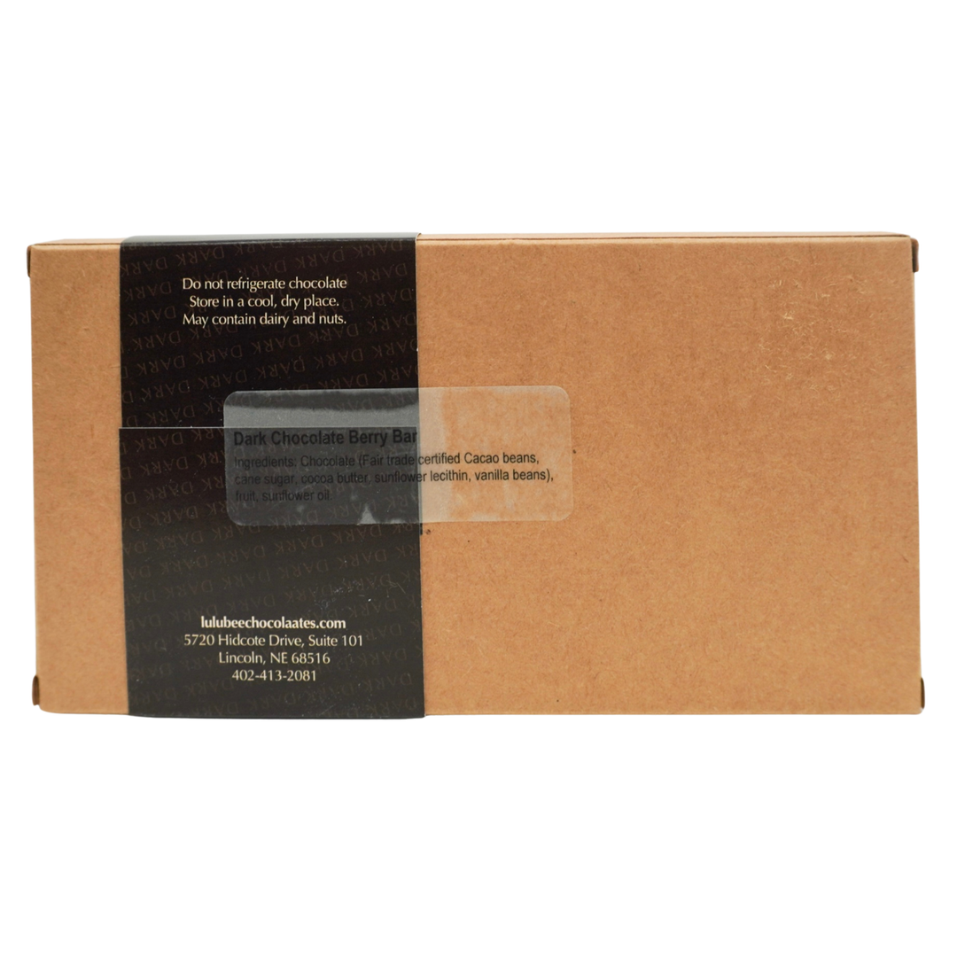 Brown chocolate box with a black label on a white background