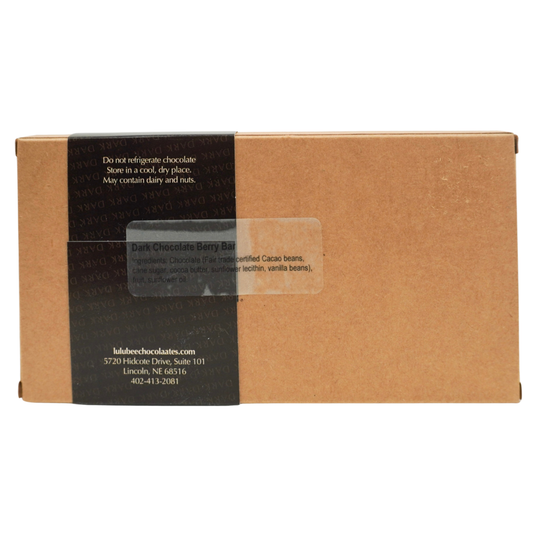 Brown chocolate box with a black label on a white background