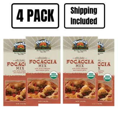The front of four boxes of Wanda's Organic Focaccia Bread Mix on a white background with 4 pack and shipping included text at top