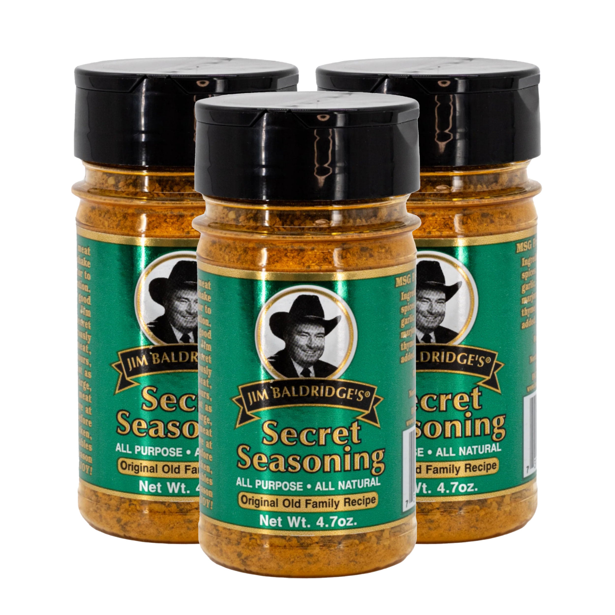 Three jars of Jim Baldridge's Secret Seasoning on a white background