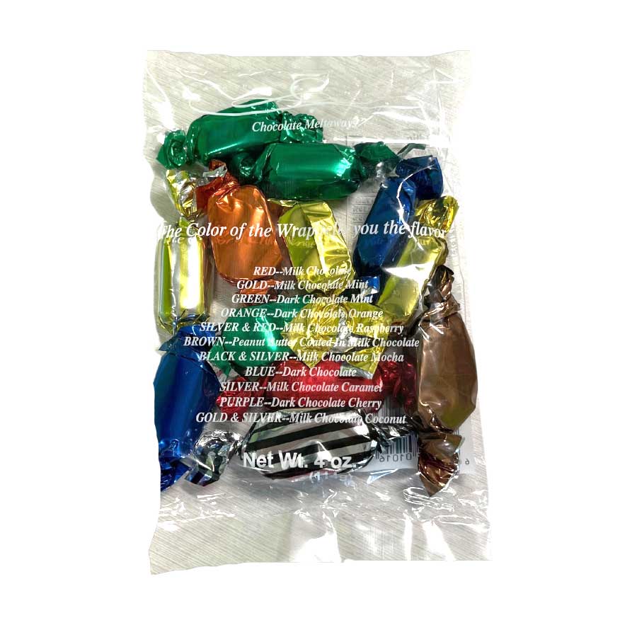 Assorted colored chocolate candies in a clear plastic bag on a white background