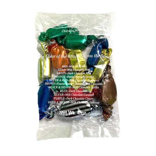 Assorted colored chocolate candies in a clear plastic bag on a white background