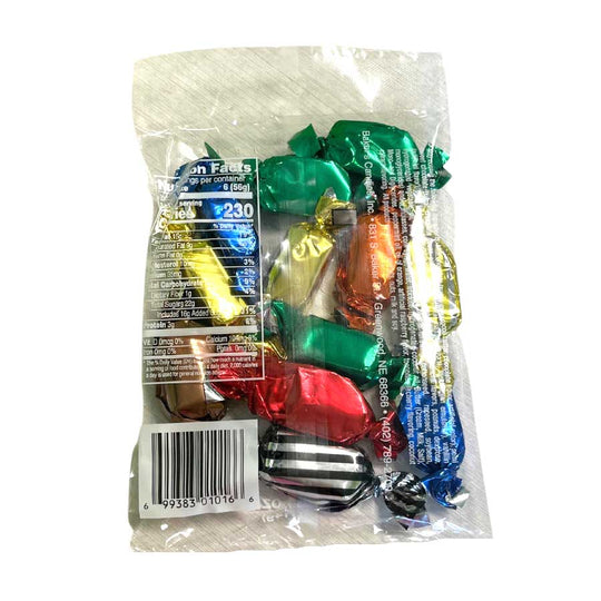 Packaged colorful candies with a clear plastic wrap on a white background