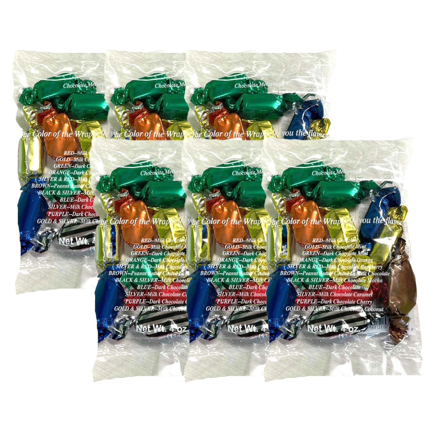 Packaged chocolate bars in various colors with a clear plastic wrap.