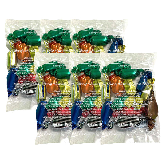 Packaged chocolate bars in various colors with a clear plastic wrap.