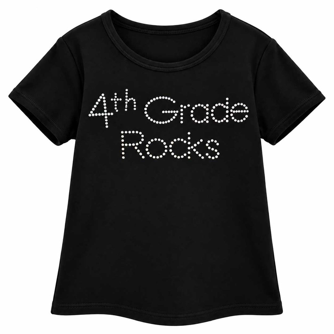 A black short-sleeve t-shirt with '4th Grade Rocks' printed across the chest in white rhinestone-style lettering, shown on a plain white background.