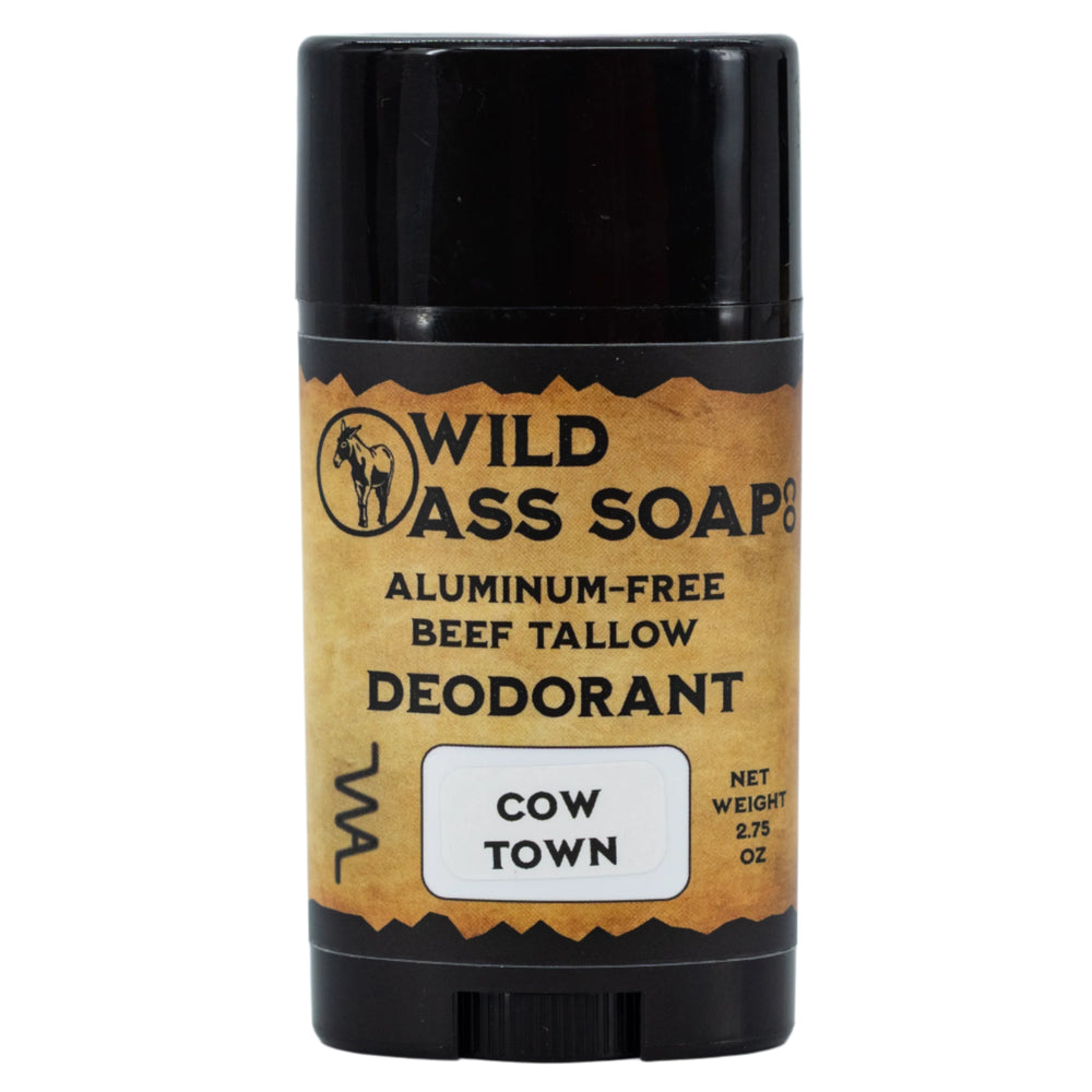 Deodorant stick with label on a white background