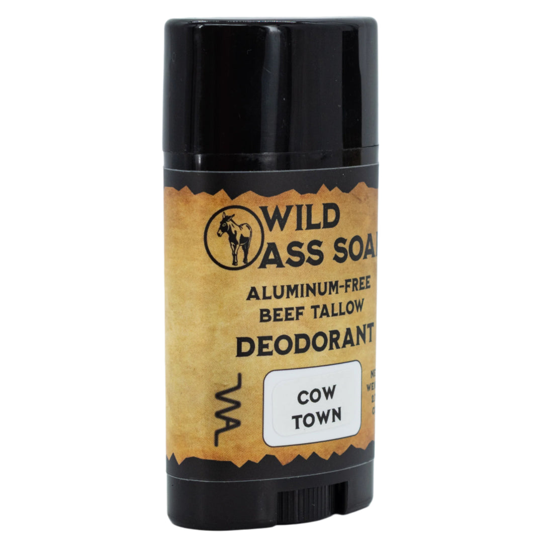 Deodorant stick with a rustic label on a plain background
