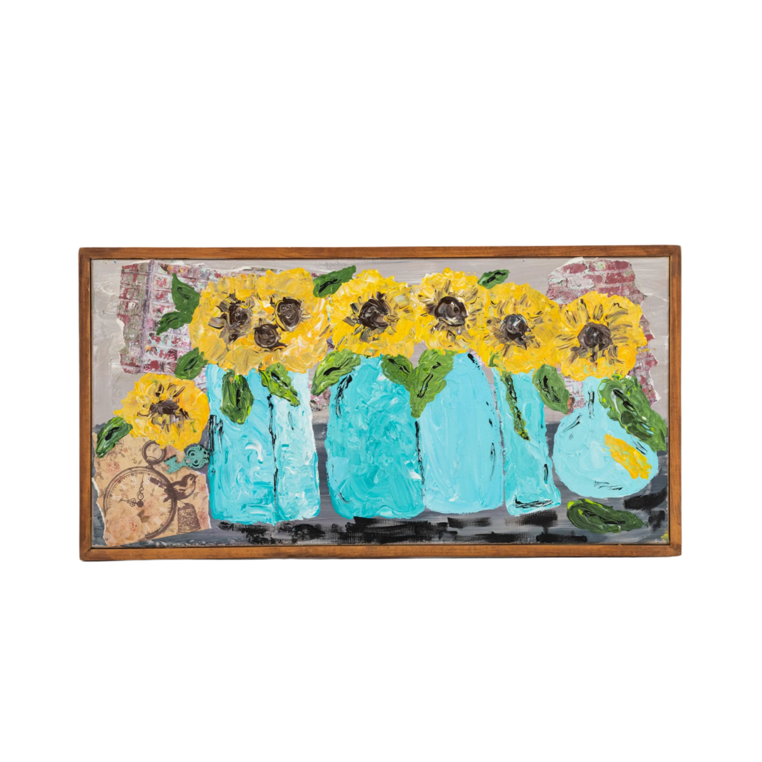 Decorative wall art with turquoise jars and yellow sunflowers on a textured background.