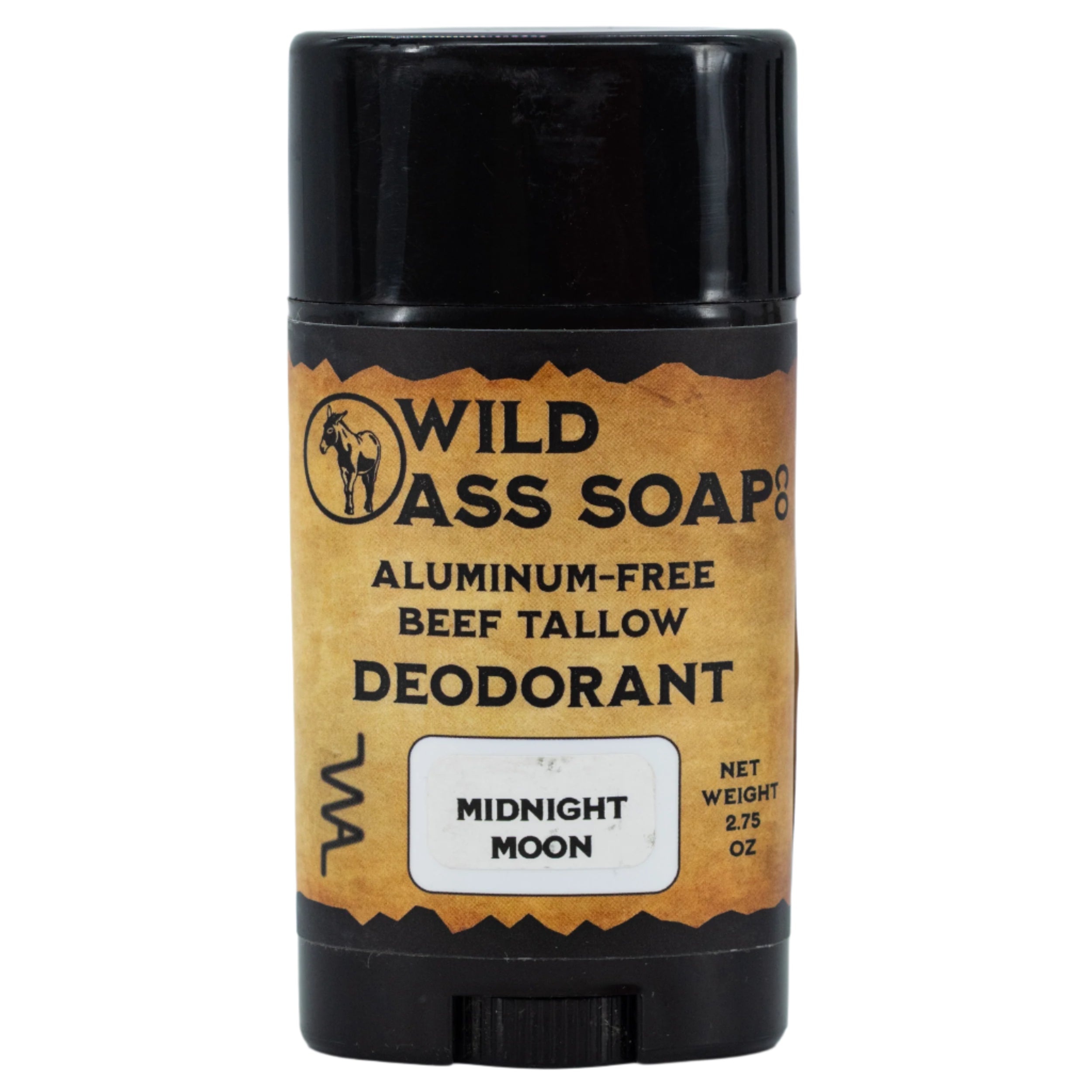 Deodorant stick with black cap and brown label on white background