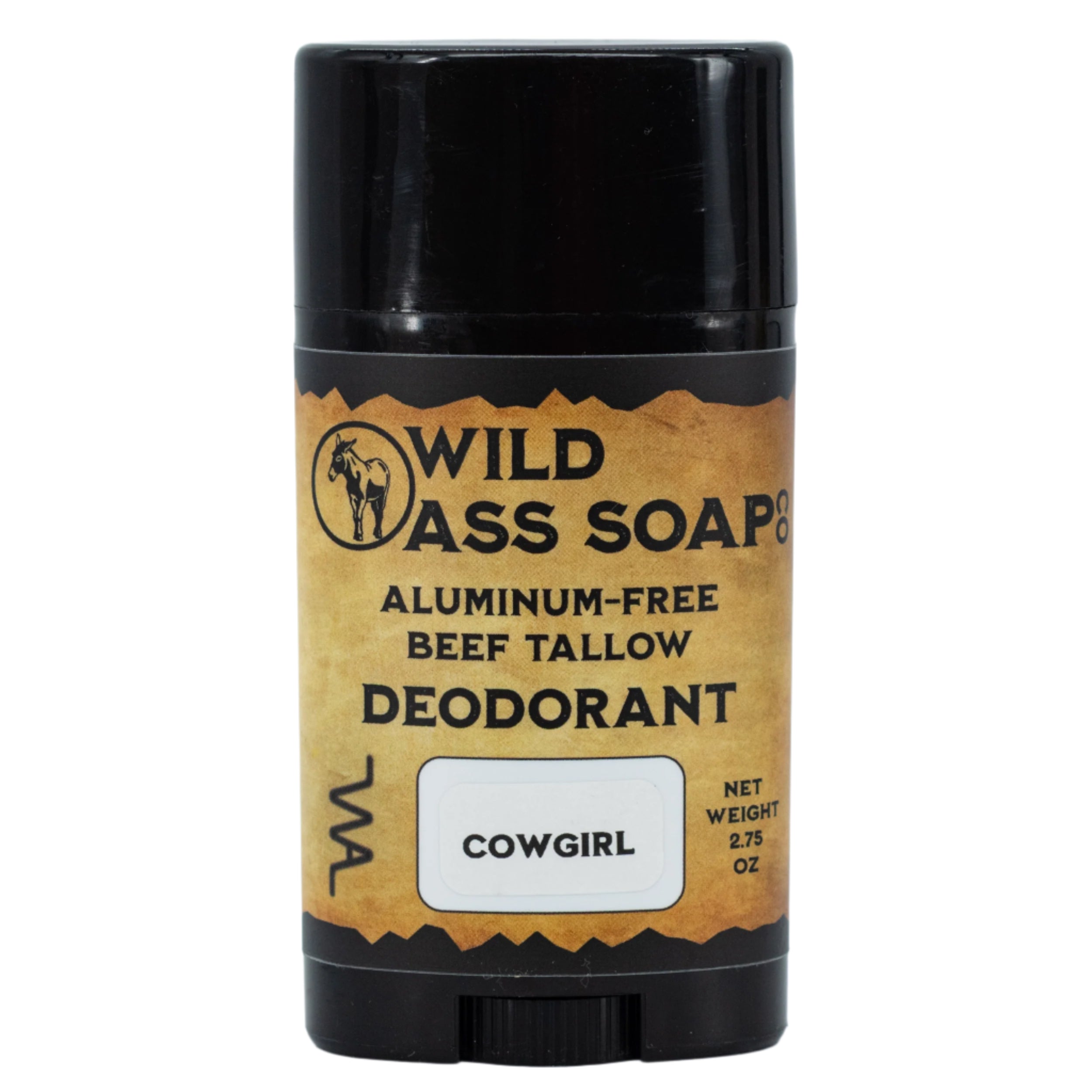 Deodorant stick with label on white background