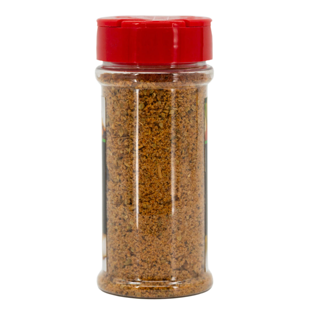 Spice jar with red lid on a white background