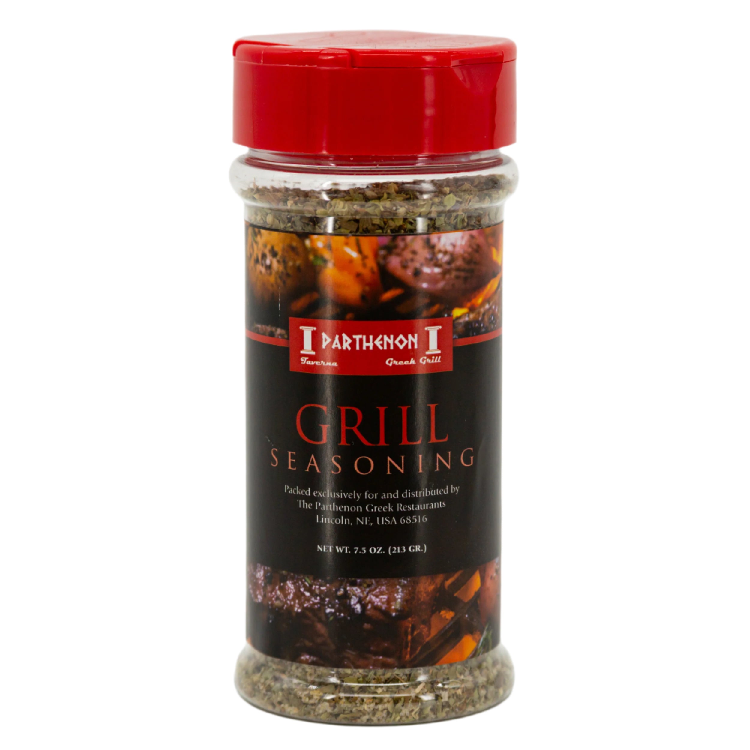A bottle of Greek Style Grill Seasoning by The Parthenon Catering with a red cap and a label showing the product name and weight.