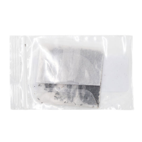 Clear plastic bag with a small amount of white powder on a white background