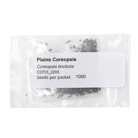 Plants seeds packet labeled 'Plains Coreopsis' with a white background