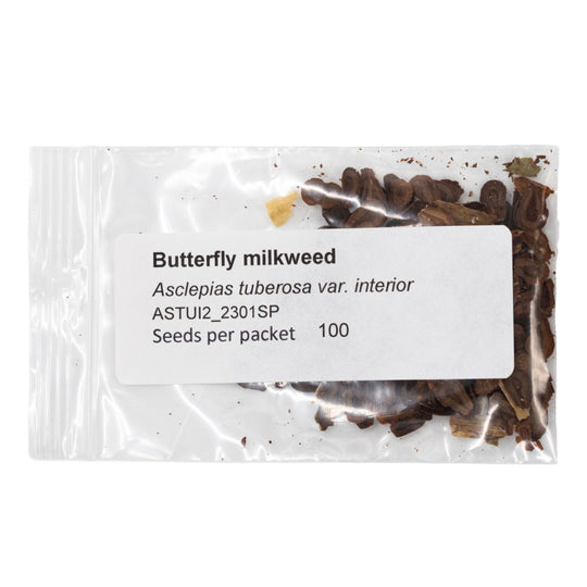 Package of butterfly milkweed seeds with a label on a white background