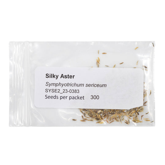 Package of Silky Aster seeds with a label on a white background